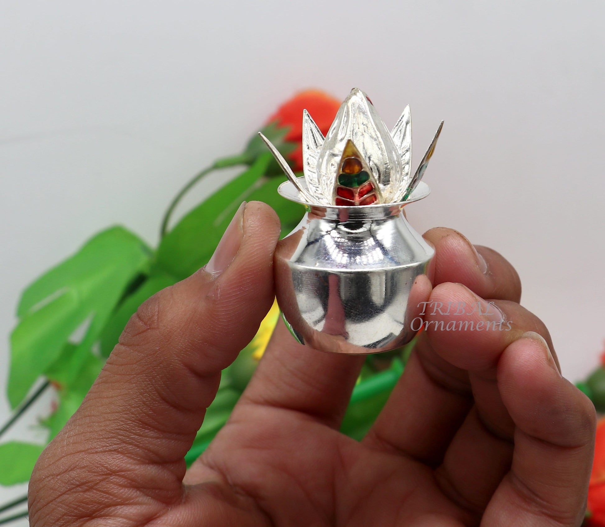 925 Sterling silver handmade gorgeous coconut with betel leaf puja kalash, best worshipping utensils, silver article puja art temple su947 - TRIBAL ORNAMENTS
