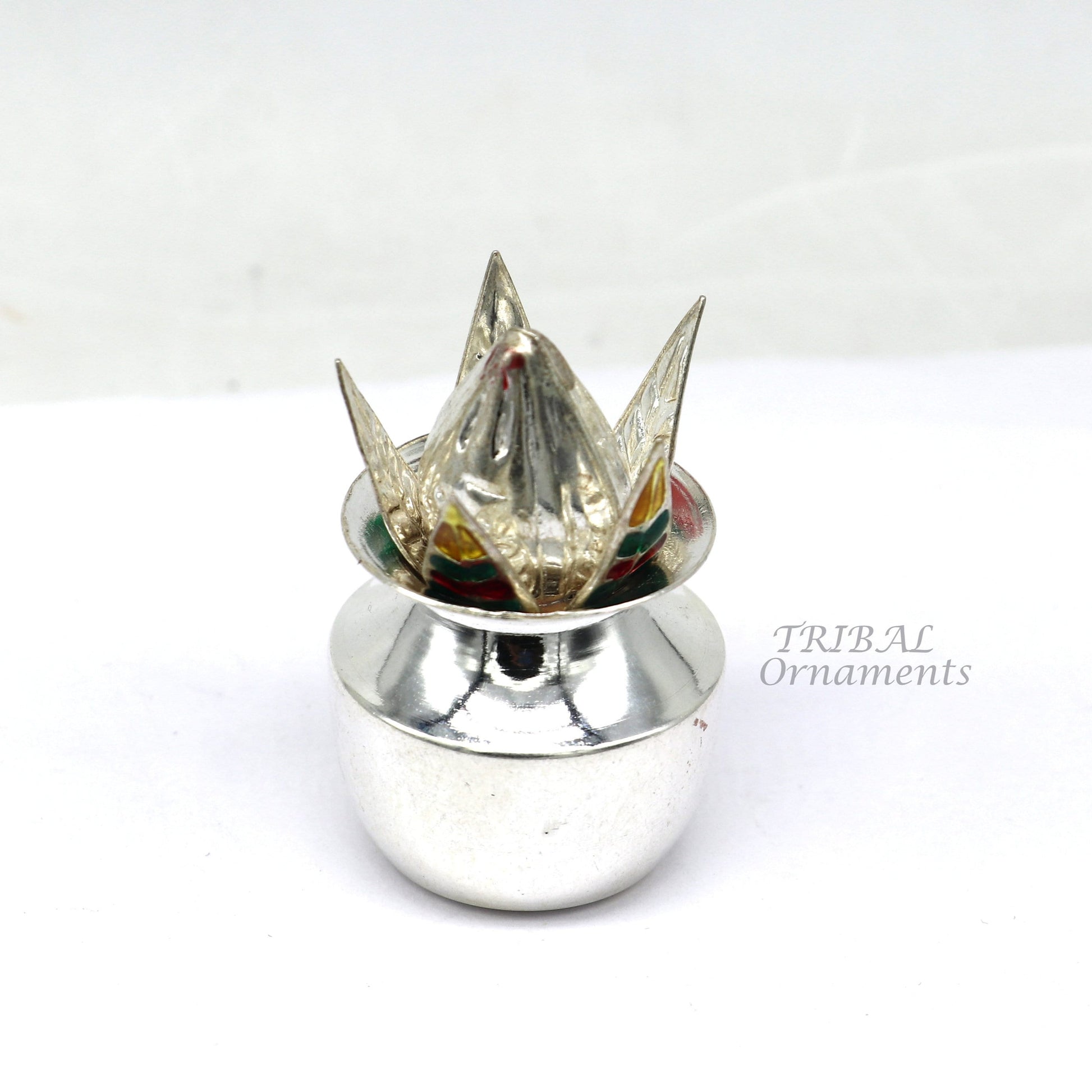 925 Sterling silver handmade gorgeous coconut with betel leaf puja kalash, best worshipping utensils, silver article puja art temple su947 - TRIBAL ORNAMENTS