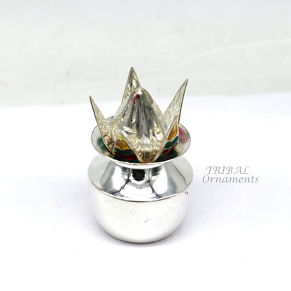 Handmade 925 Sterling silver coconut with betel leaf puja kalash, traditional worship utensils for religious ceremonies.