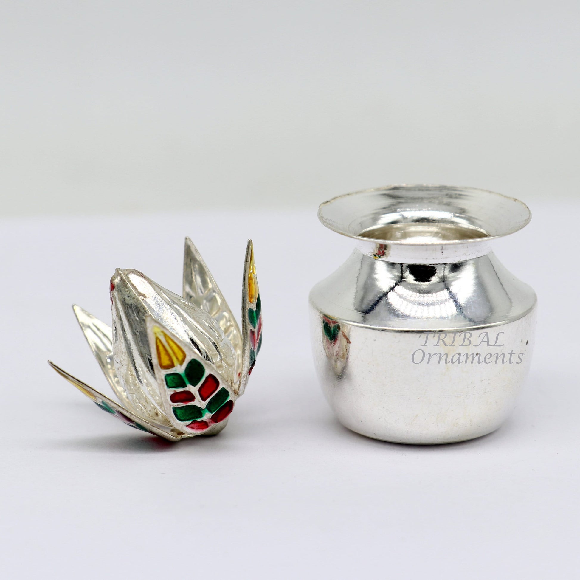 925 Sterling silver handmade gorgeous coconut with betel leaf puja kalash, best worshipping utensils, silver article puja art temple su947 - TRIBAL ORNAMENTS