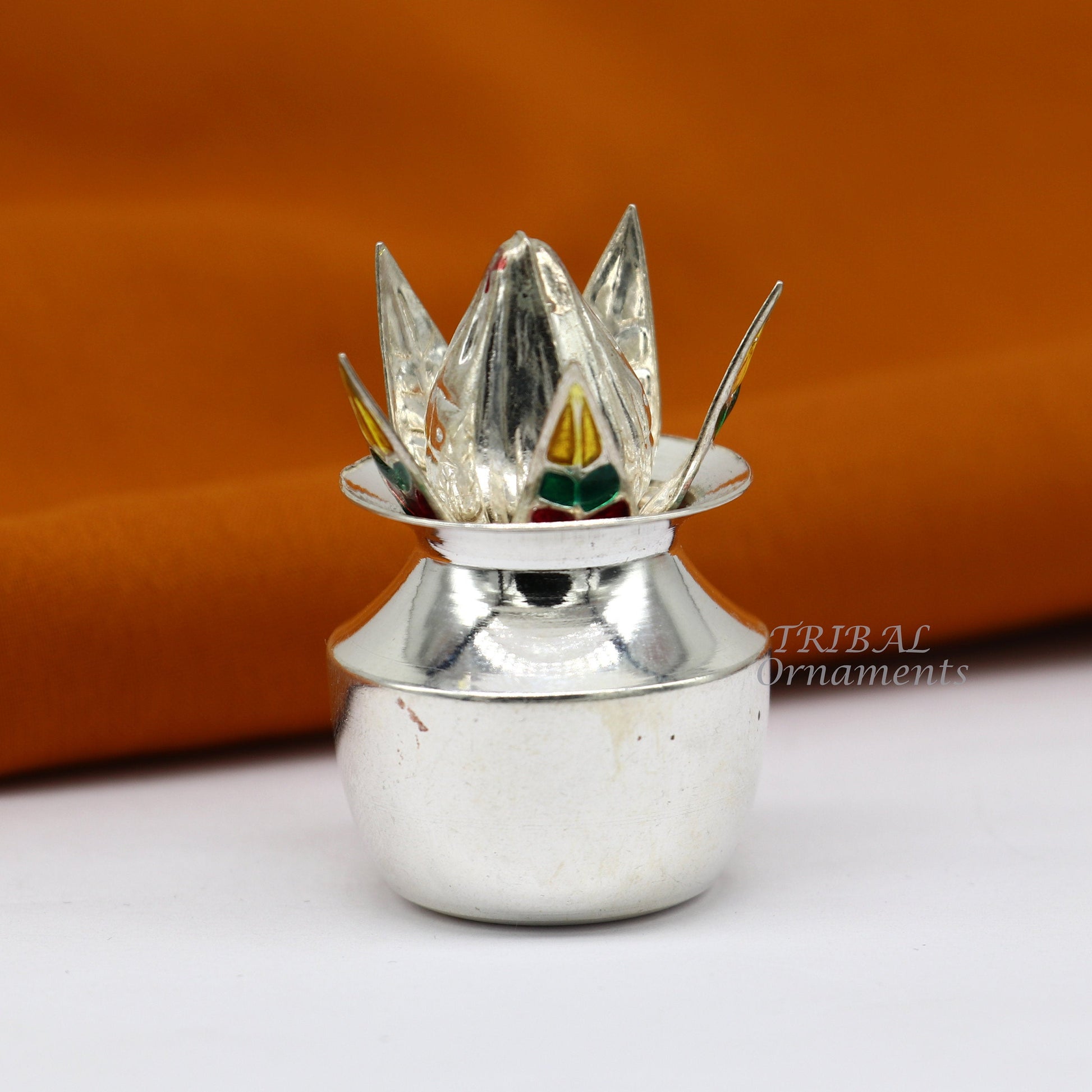 925 Sterling silver handmade gorgeous coconut with betel leaf puja kalash, best worshipping utensils, silver article puja art temple su947 - TRIBAL ORNAMENTS