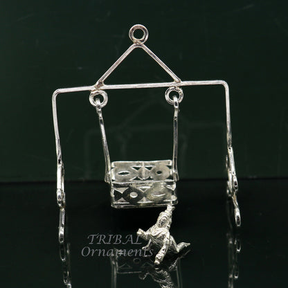 Handmade lightweight 925 sterling silver Laddu Gopala Krishna swing, child Krishna palana, detailed silver jhula for deity.