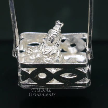 Handmade 925 sterling silver Laddu Gopala Krishna swing jhula for children, lightweight and detailed, crafted by TribalOrnaments.