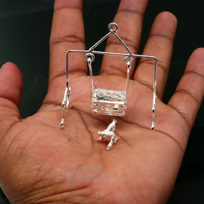 Handmade 925 sterling silver Laddu Gopala Krishna swing, lightweight child Krishna palana, traditional silver jhula display.