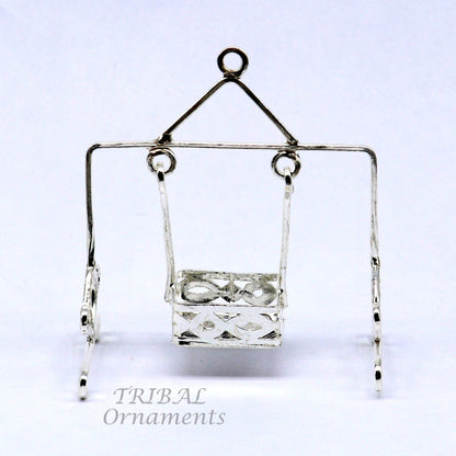 Handmade 925 sterling silver Laddu Gopala Krishna swing, lightweight child Krishna palana jhula, intricate silver jhula design.
