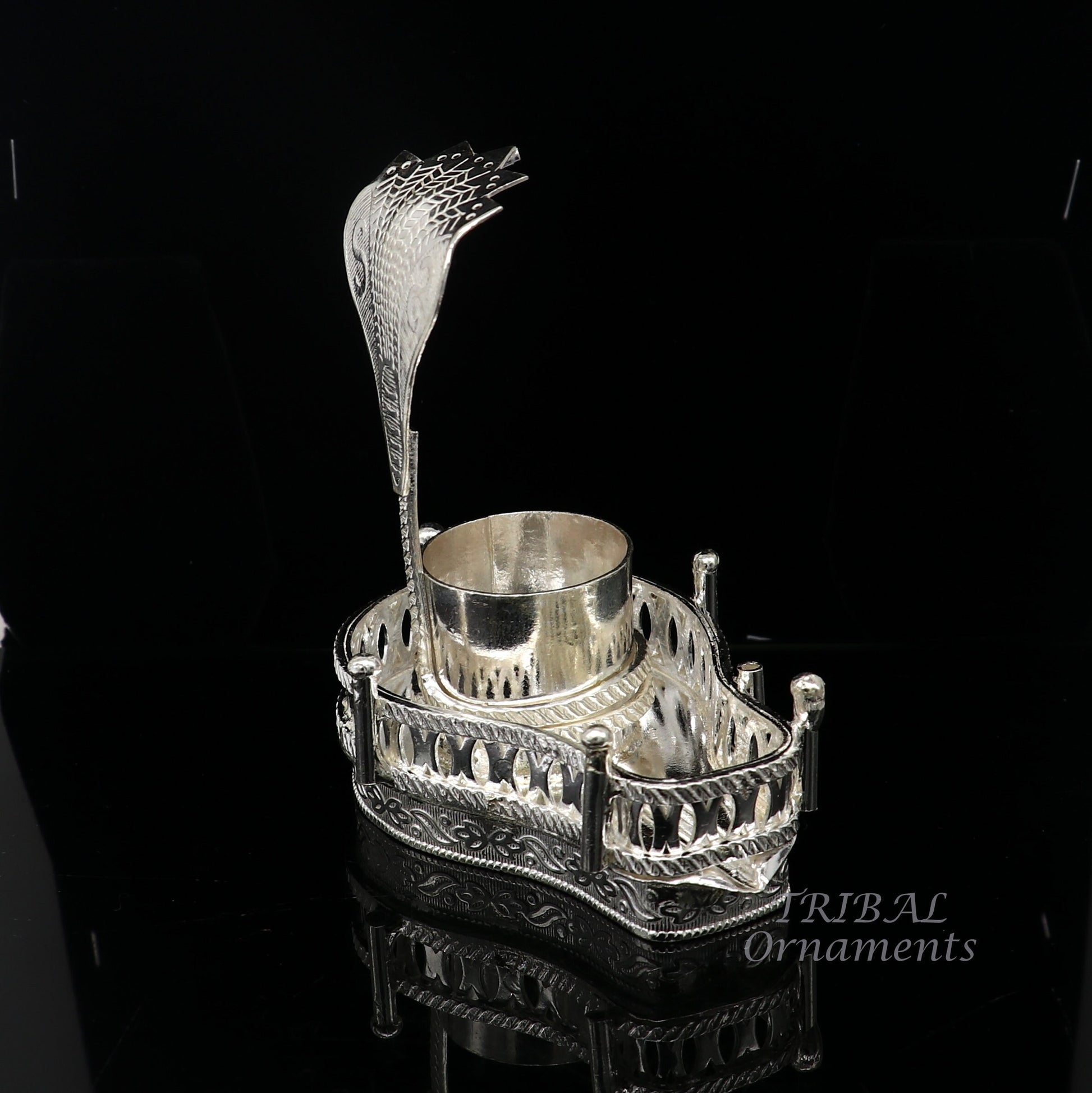 925 sterling silver handmade lord Shiva lingam stand/JAlheri with Panchmukhi snake (sheshnag) and trident Mahakal lingam stand su940 - TRIBAL ORNAMENTS