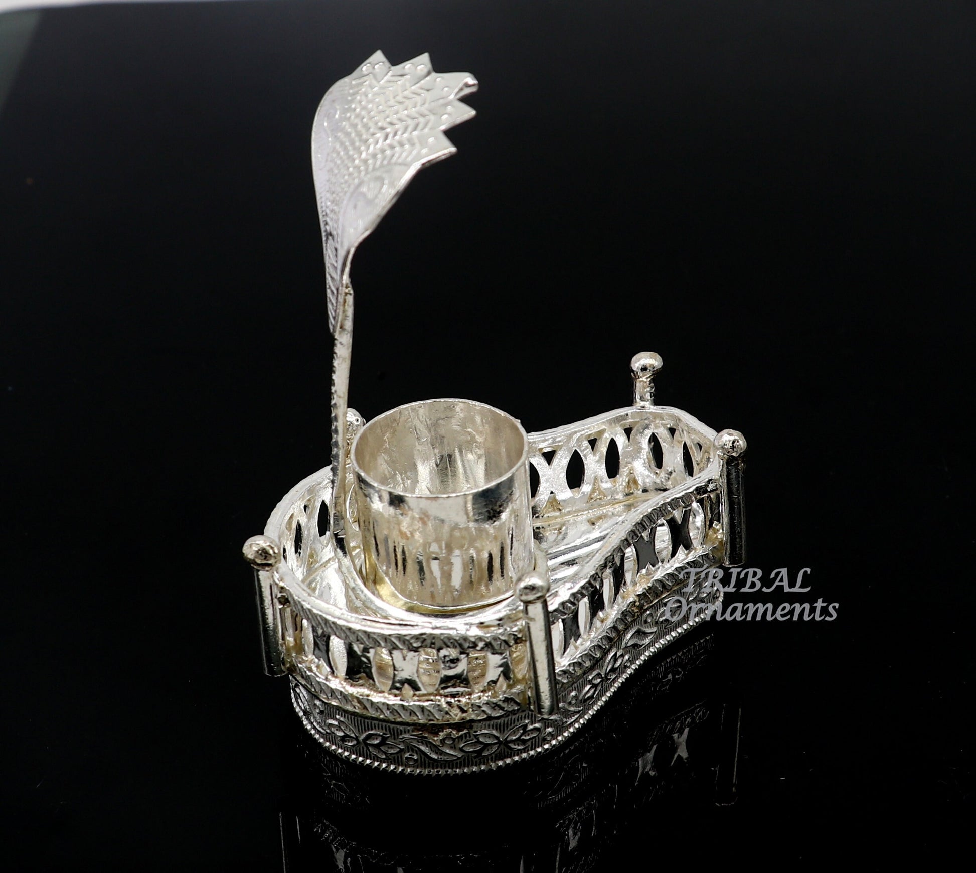 925 sterling silver handmade lord Shiva lingam stand/JAlheri with Panchmukhi snake (sheshnag) and trident Mahakal lingam stand su941 - TRIBAL ORNAMENTS