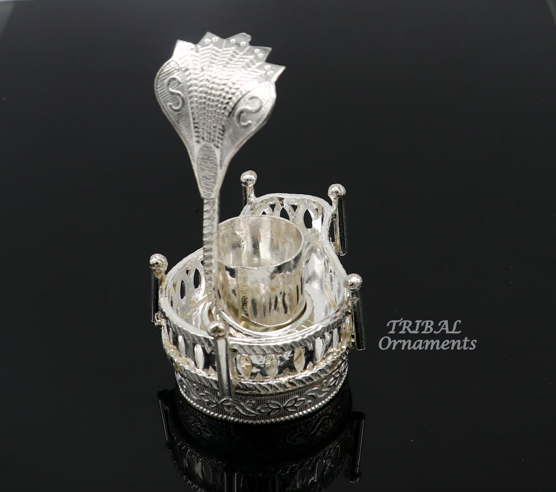 925 sterling silver handmade lord Shiva lingam stand/JAlheri with Panchmukhi snake (sheshnag) and trident Mahakal lingam stand su941 - TRIBAL ORNAMENTS