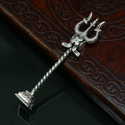 Sterling silver handmade Lord Shiva trident with Damaru, featuring intricate craftsmanship, ideal for puja and spiritual collection.