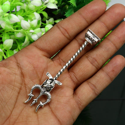 925 Sterling silver handmade Lord Shiva trident with Damaru, detailed craftsmanship Mahadev trishul for puja and收藏