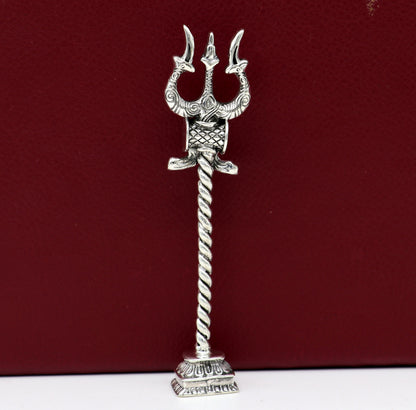 925 Sterling silver handmade Lord Shiva trident with Damaru, showcasing intricate craftsmanship, ideal for puja and spiritual offerings.