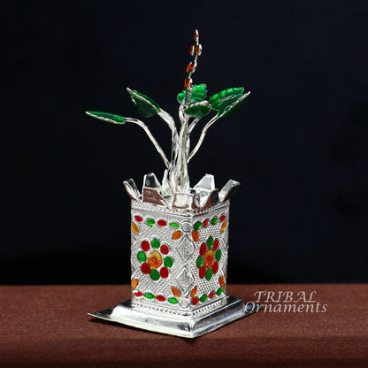 Handmade 925 sterling silver small Tulsi basil plant rosary for puja temple, customized silver utensil from TribalOrnaments.
