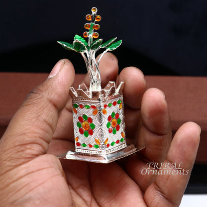 Handmade 925 sterling silver small Tulsi basil rosary for puja temple, customized silver utensil from TribalOrnaments.