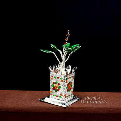 Sterling silver small Tulsi basil plant rosary for puja, handcrafted by TribalOrnaments, with detailed silver utensils for temple rituals.