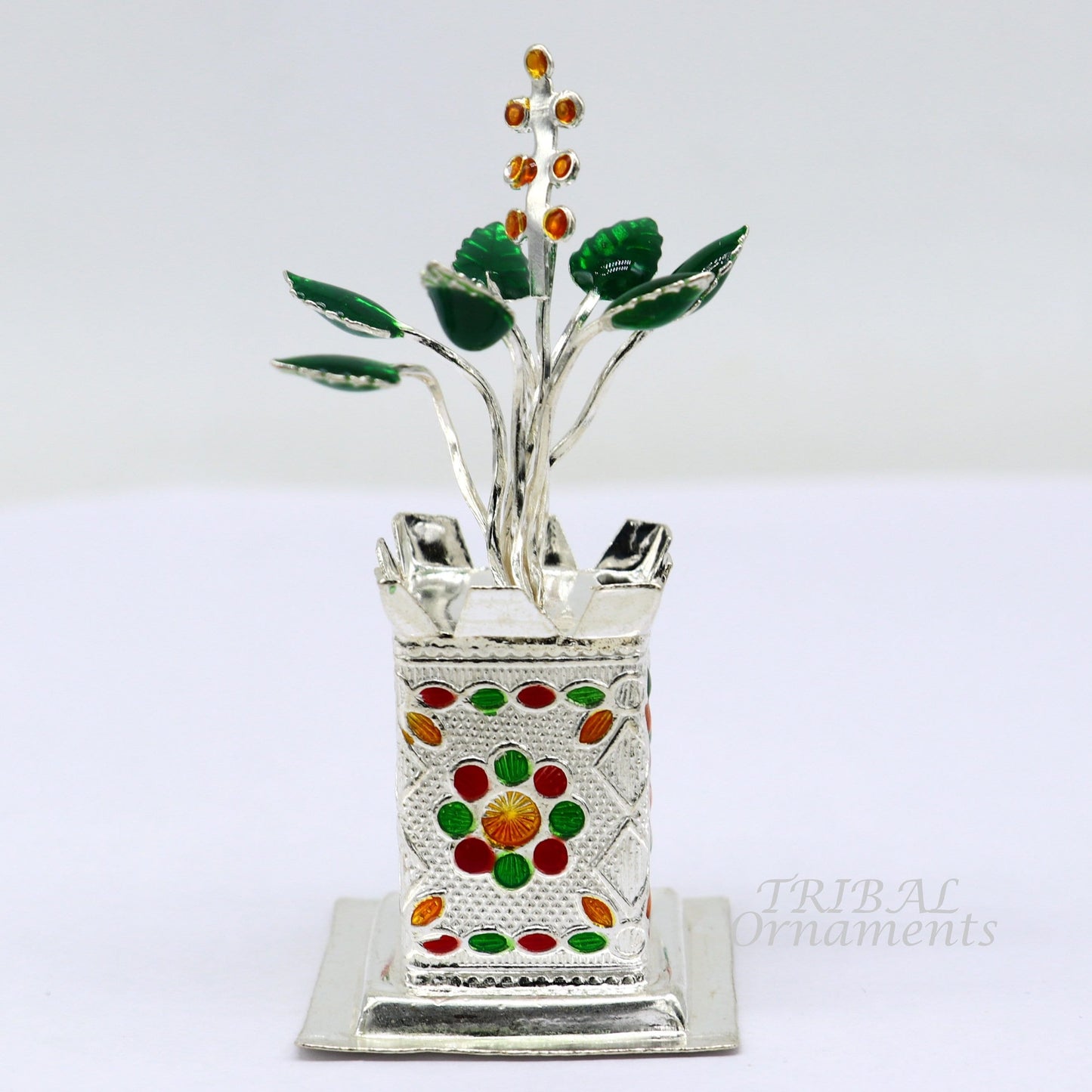 925 sterling silver handmade small tulsi plant basil rosary plant, puja temple article, excellent customized silver utensils article su924 - TRIBAL ORNAMENTS
