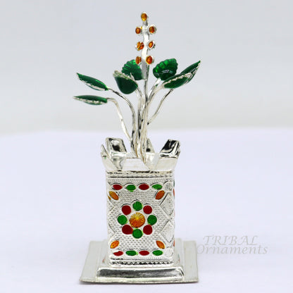 Handmade 925 sterling silver Tulsi basil plant rosary for puja temple, crafted by TribalOrnaments, with detailed silver utensils.