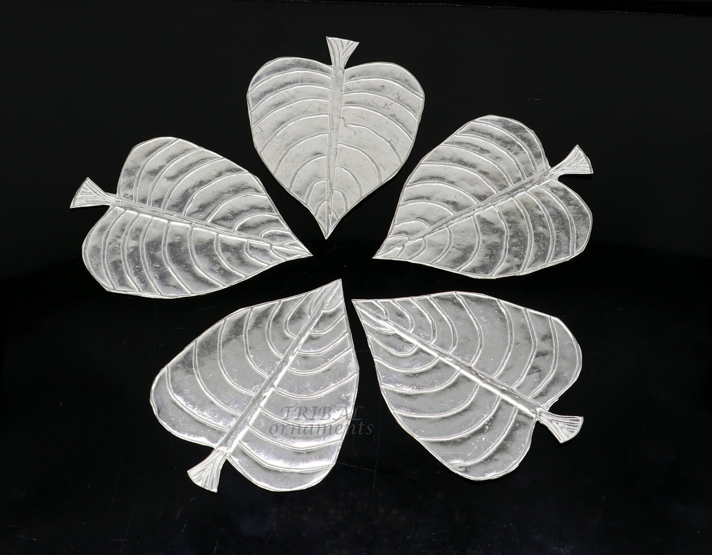 Set of 5 handmade 925 sterling silver pipal leaf puja articles by TribalOrnaments, traditional silver religious accessories.