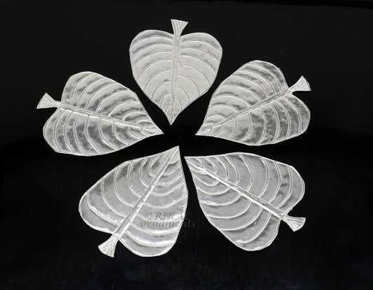 Set of 5 handmade 925 sterling silver pipal leaf puja articles by TribalOrnaments, traditional silver religious accessories.