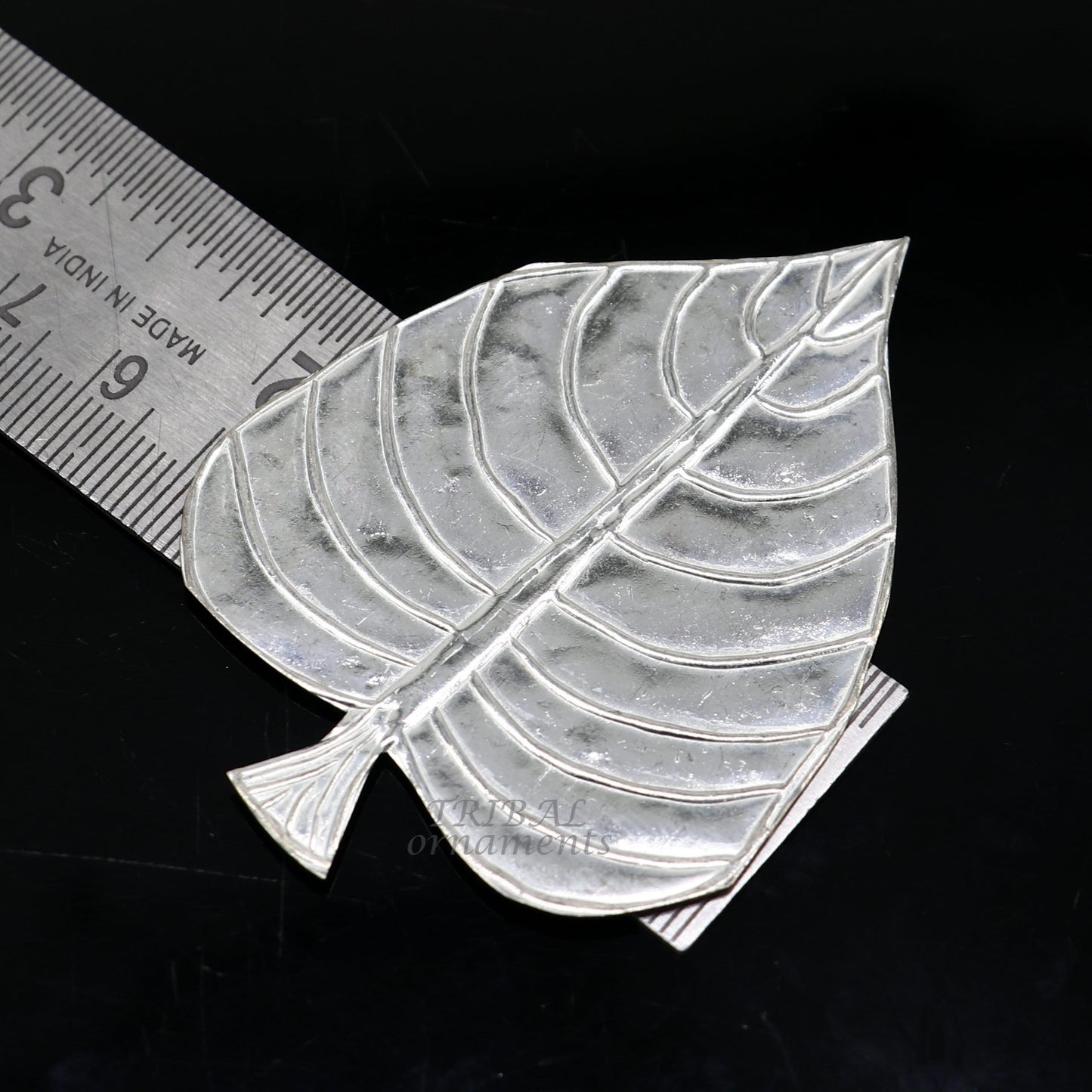 Set of 5 handmade 925 sterling silver pipal leaf ornaments, ideal for puja rituals, crafted by TribalOrnaments.