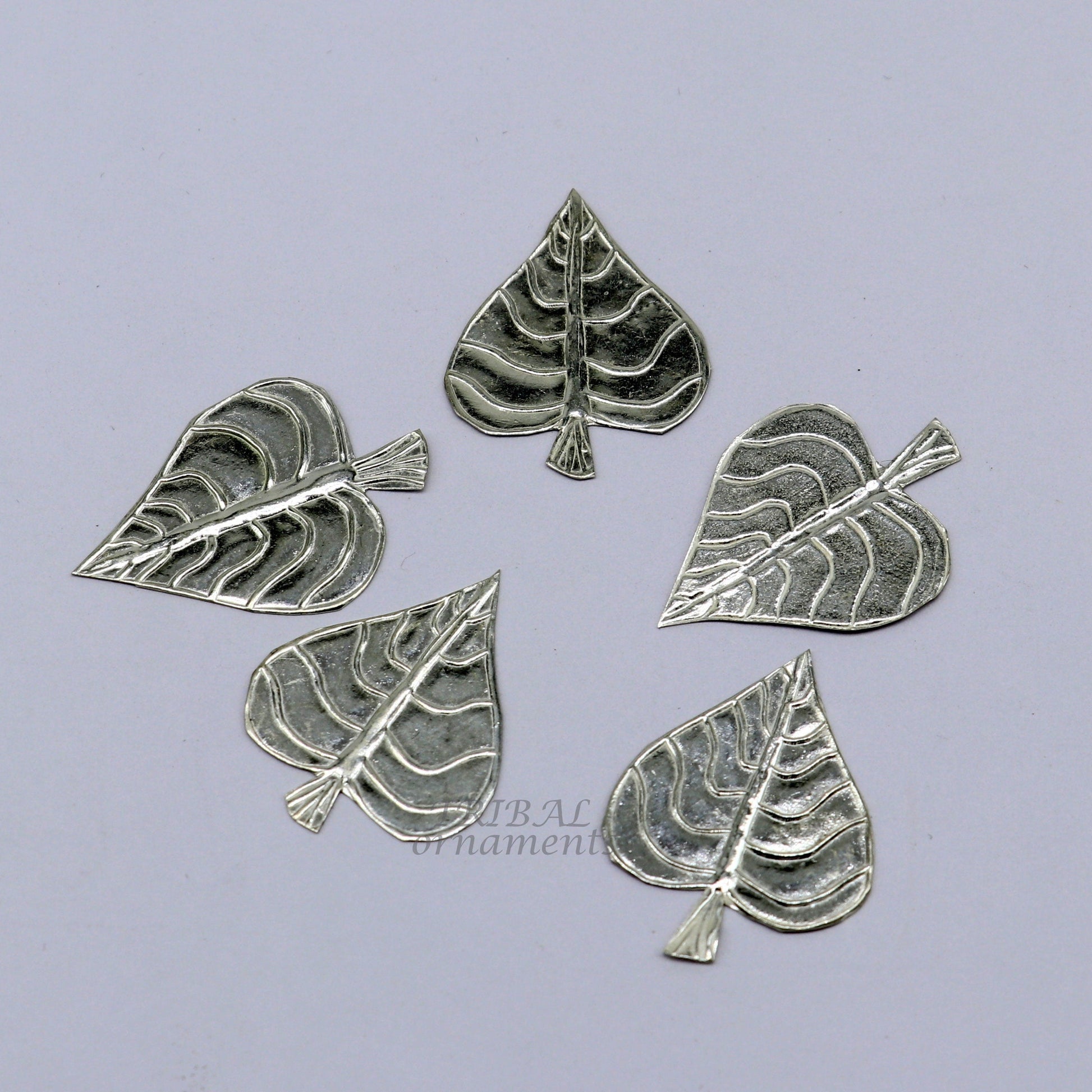 Set of 5 handmade 925 sterling silver pipal leaf puja articles by TribalOrnaments, traditional silver religious accessories.