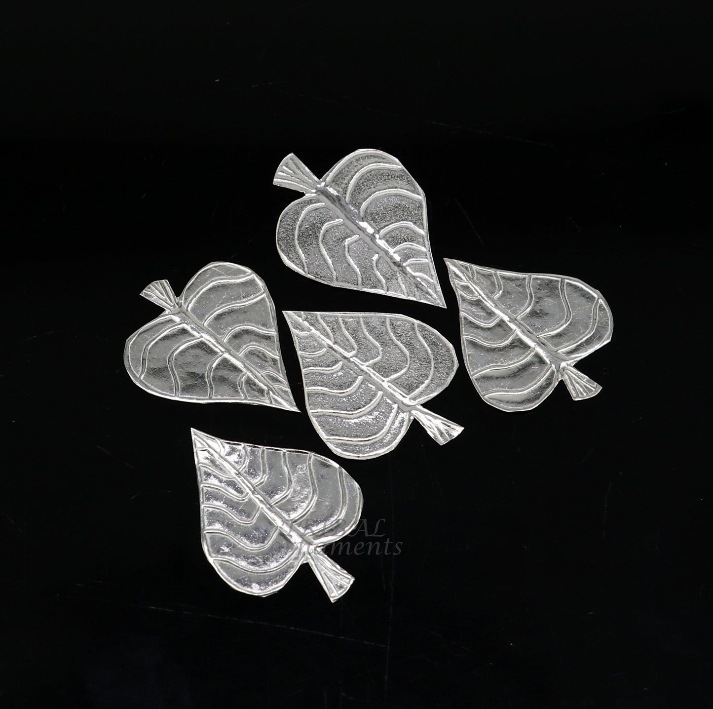 Set of 5 handmade 925 sterling silver pipal leaf puja articles by TribalOrnaments, traditional silver religious accessories.