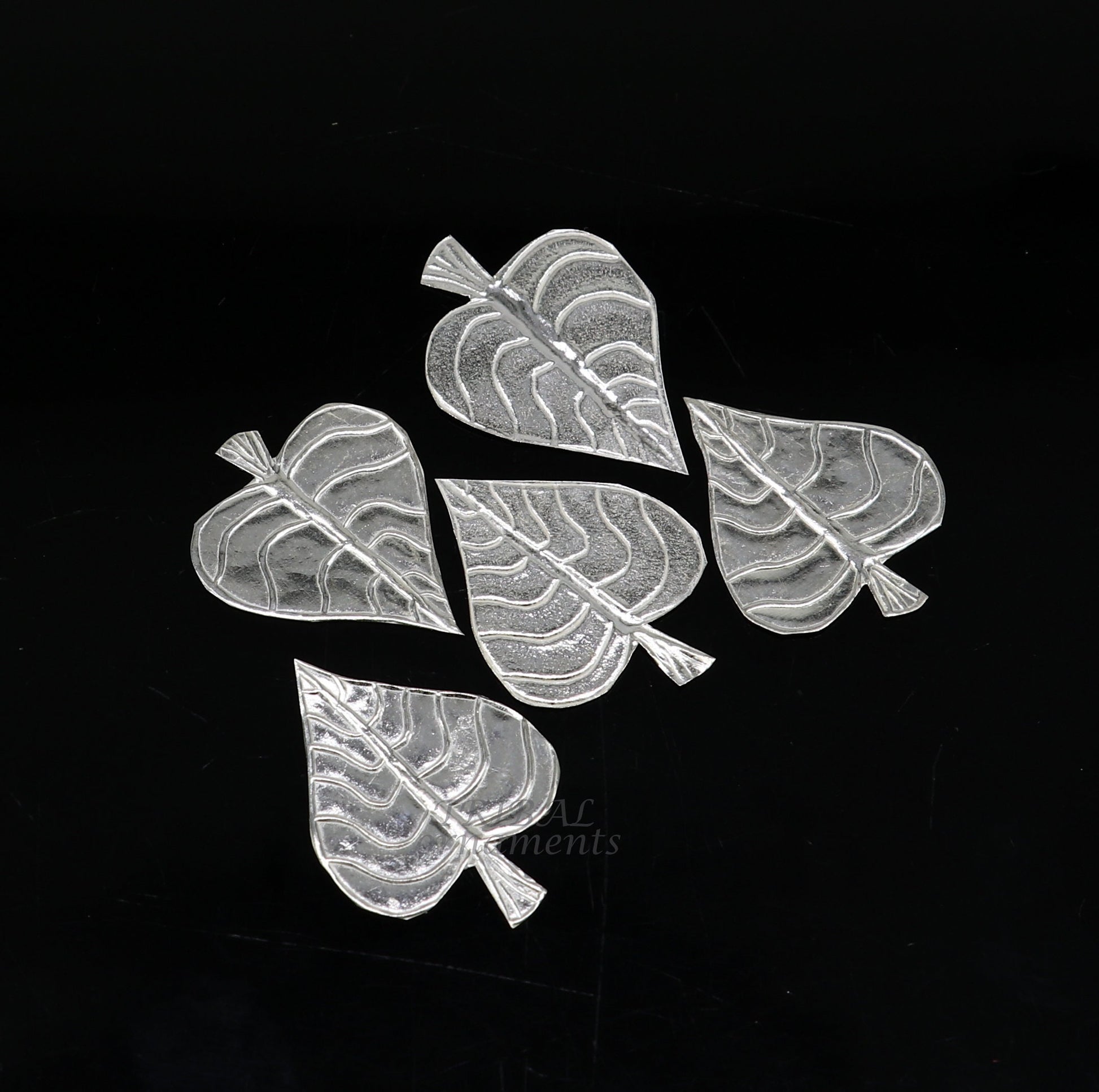 Set of 5 handmade 925 sterling silver pipal leaf puja articles by TribalOrnaments, traditional silver religious accessories.