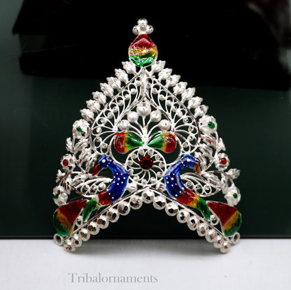 Sterling silver vintage handmade mukut crown with intricate peacock design, ideal for home temple and deity decor.