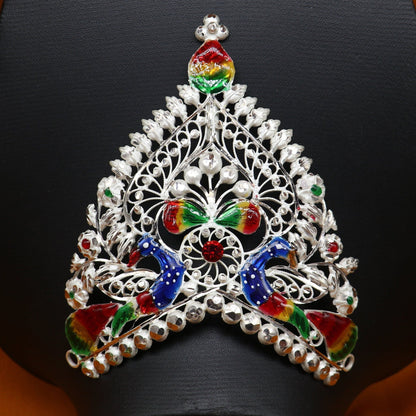Sterling silver vintage handmade mukut crown with intricate peacock design, ideal for home temple or deity decoration.