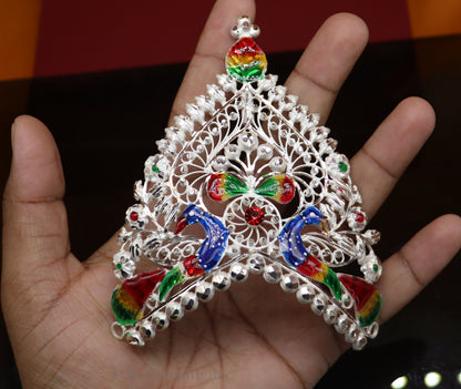 Sterling silver vintage handmade mukut crown with intricate peacock design, ideal for home temple or religious altar decor.