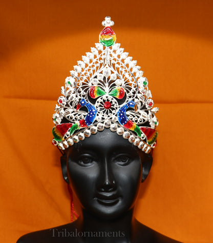 Sterling silver vintage mukut crown with intricate peacock design, handmade antique-style crown for home temple or deity decor.