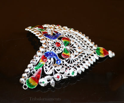 Solid sterling silver vintage mukut crown with intricate peacock design, handmade for home temple and spiritual decor.