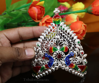 Sterling silver vintage handmade mukut crown with intricate peacock design, ideal for home temple or deity decor.