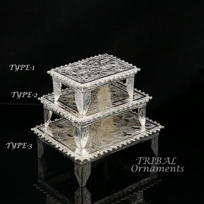 Sterling silver handmade small rectangle puja table or chouki with intricate temple art design by TribalOrnaments.