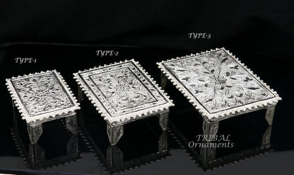 Sterling silver handmade small rectangular puja table or chouki by TribalOrnaments, ideal for home temple and puja rituals.