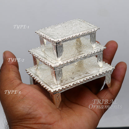 Sterling silver handmade small rectangle puja article table or chouki by TribalOrnaments for home temple decor and puja utensils.