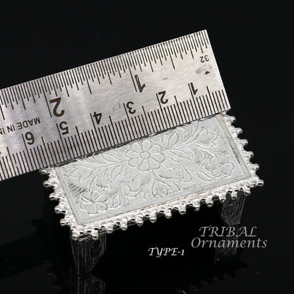 Sterling silver handmade small rectangle puja table or chouki with intricate temple art design by TribalOrnaments.