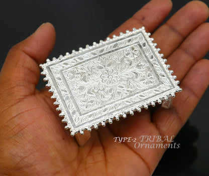 Sterling silver handmade small rectangle puja table or chouki with intricate TribalOrnaments temple art for home prayer rituals.