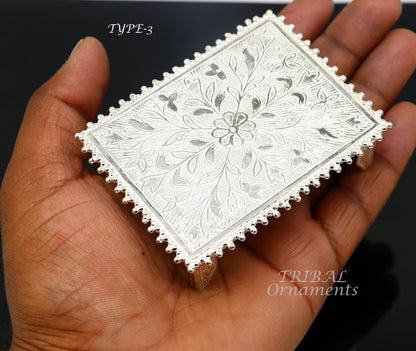 Sterling silver handmade small rectangular puja table or chouki with intricate temple art design from TribalOrnaments.